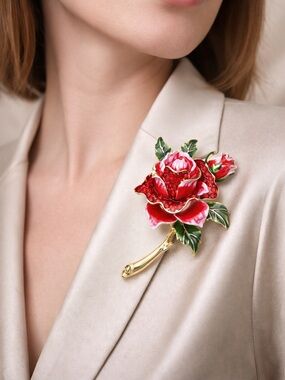 Red Rose Crystal Floral Gold  Statement Brooch